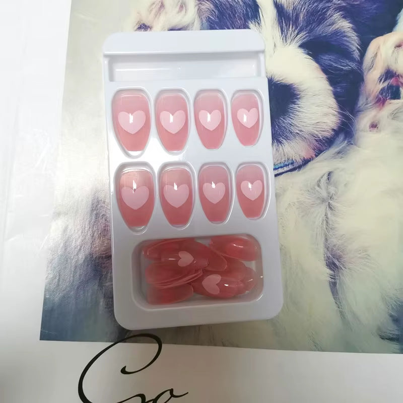 24Pcs False Nails Sweet Press-On Nails with Peach Heart Wearable Finished Nail Art Tips Removable Manicure Beautiful False Nails