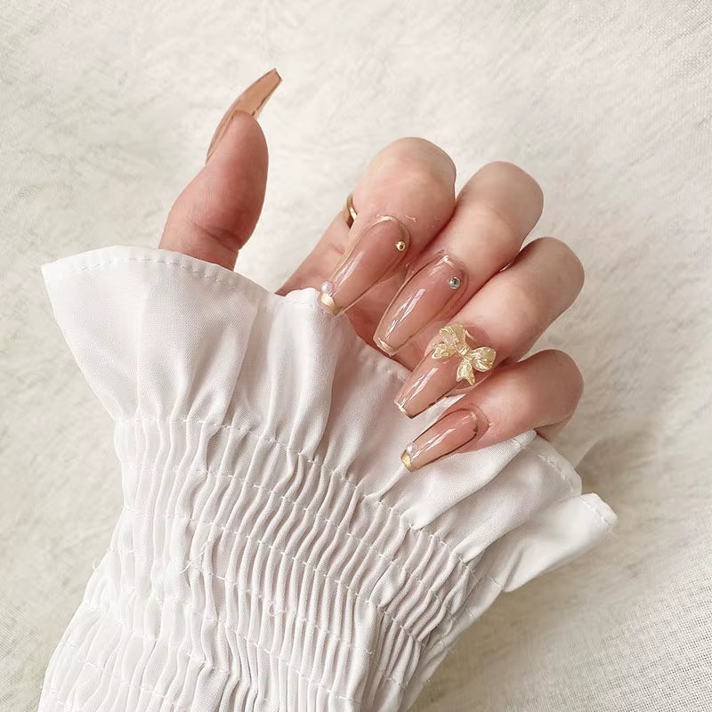24Pcs False Nails Sweet Press-On Nails with Peach Heart Wearable Finished Nail Art Tips Removable Manicure Beautiful False Nails