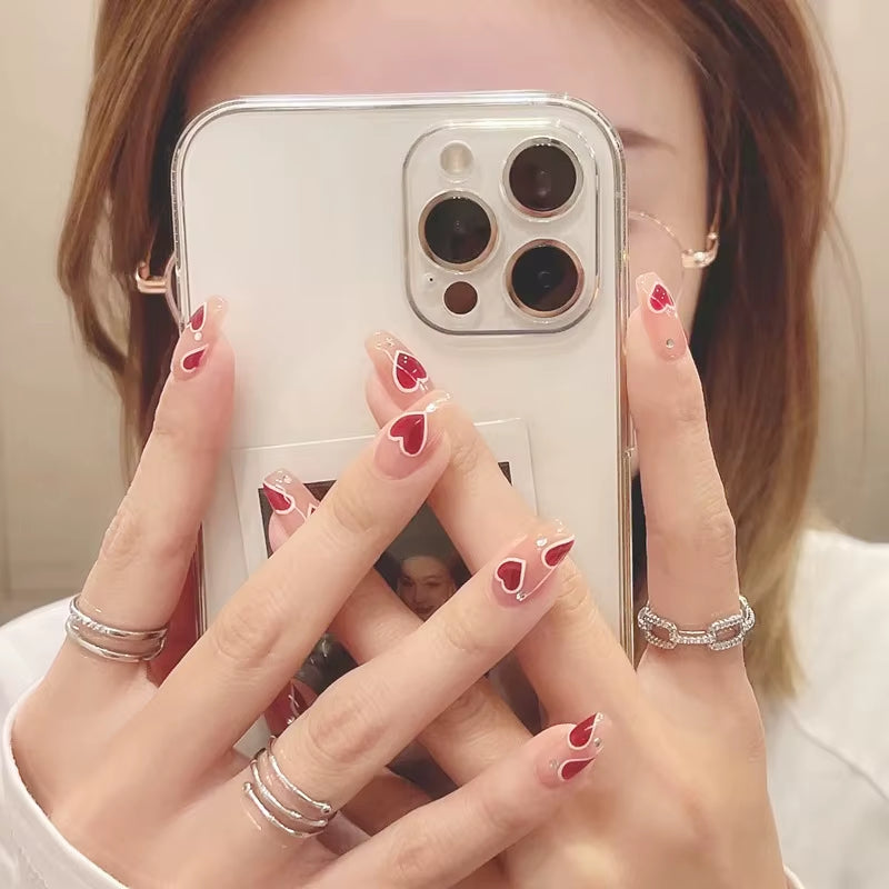 24Pcs False Nails Sweet Press-On Nails with Peach Heart Wearable Finished Nail Art Tips Removable Manicure Beautiful False Nails