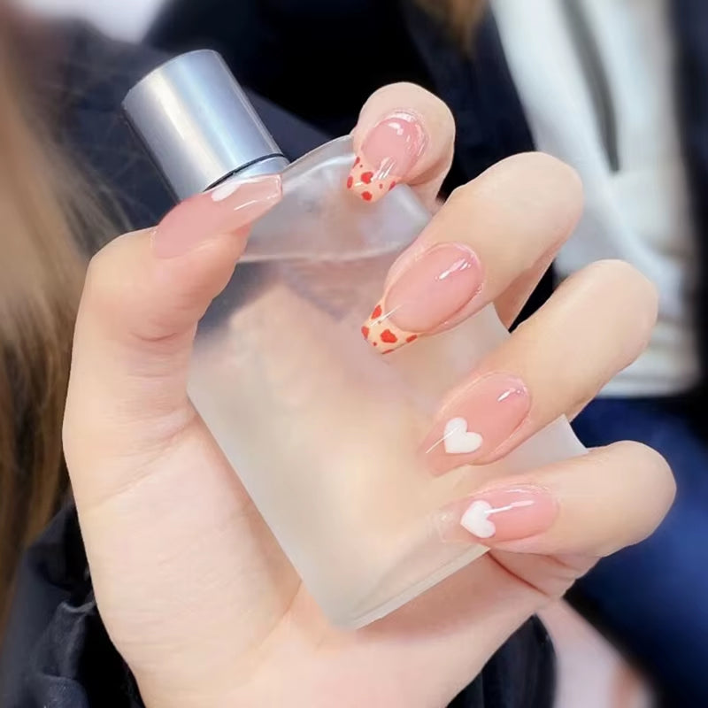 24Pcs False Nails Sweet Press-On Nails with Peach Heart Wearable Finished Nail Art Tips Removable Manicure Beautiful False Nails