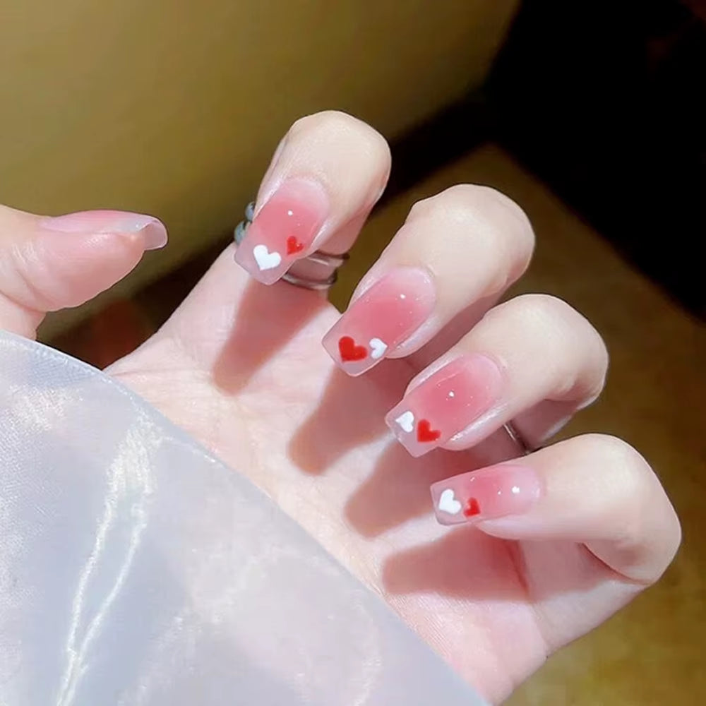 24Pcs False Nails Sweet Press-On Nails with Peach Heart Wearable Finished Nail Art Tips Removable Manicure Beautiful False Nails