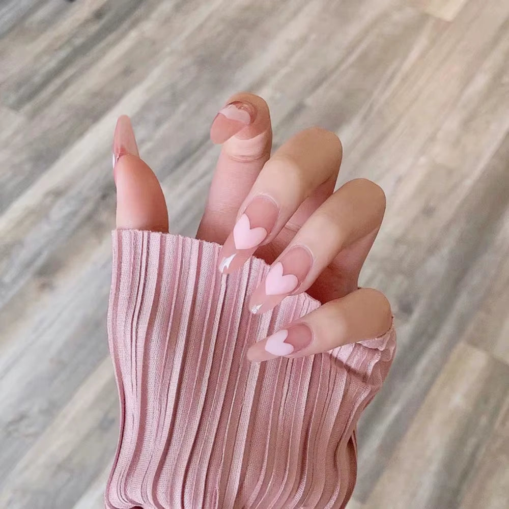 24Pcs False Nails Sweet Press-On Nails with Peach Heart Wearable Finished Nail Art Tips Removable Manicure Beautiful False Nails