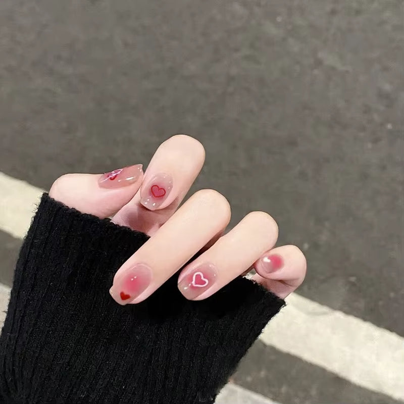 24Pcs False Nails Sweet Press-On Nails with Peach Heart Wearable Finished Nail Art Tips Removable Manicure Beautiful False Nails