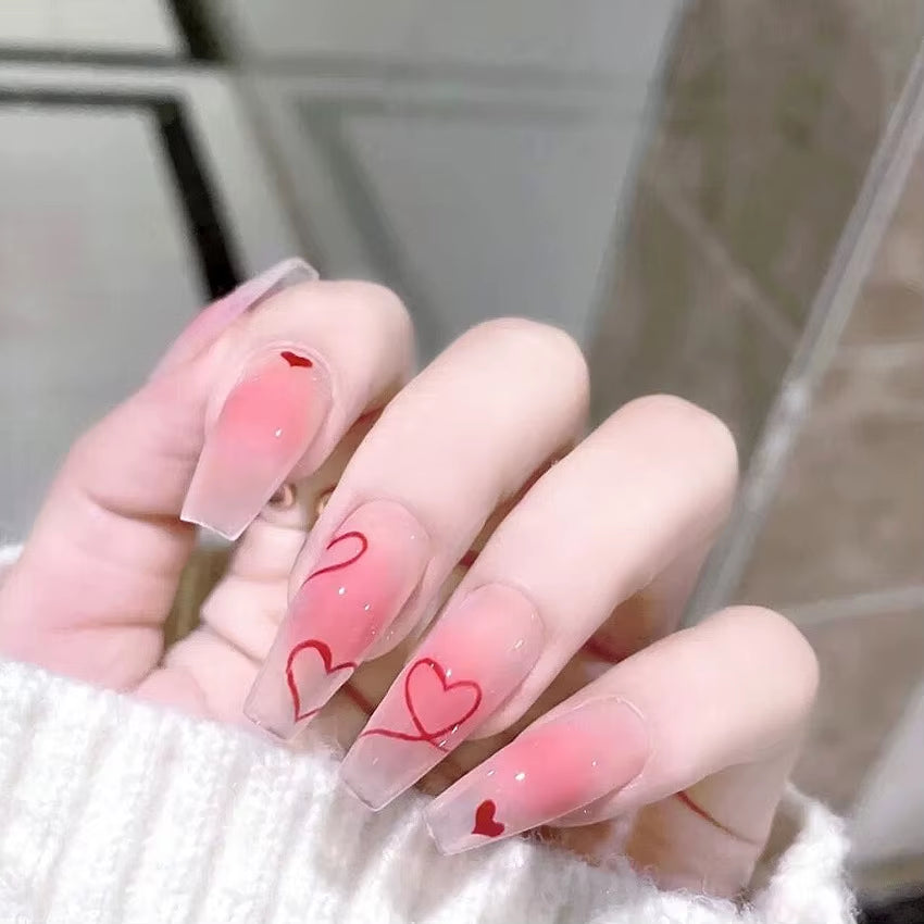 24Pcs False Nails Sweet Press-On Nails with Peach Heart Wearable Finished Nail Art Tips Removable Manicure Beautiful False Nails