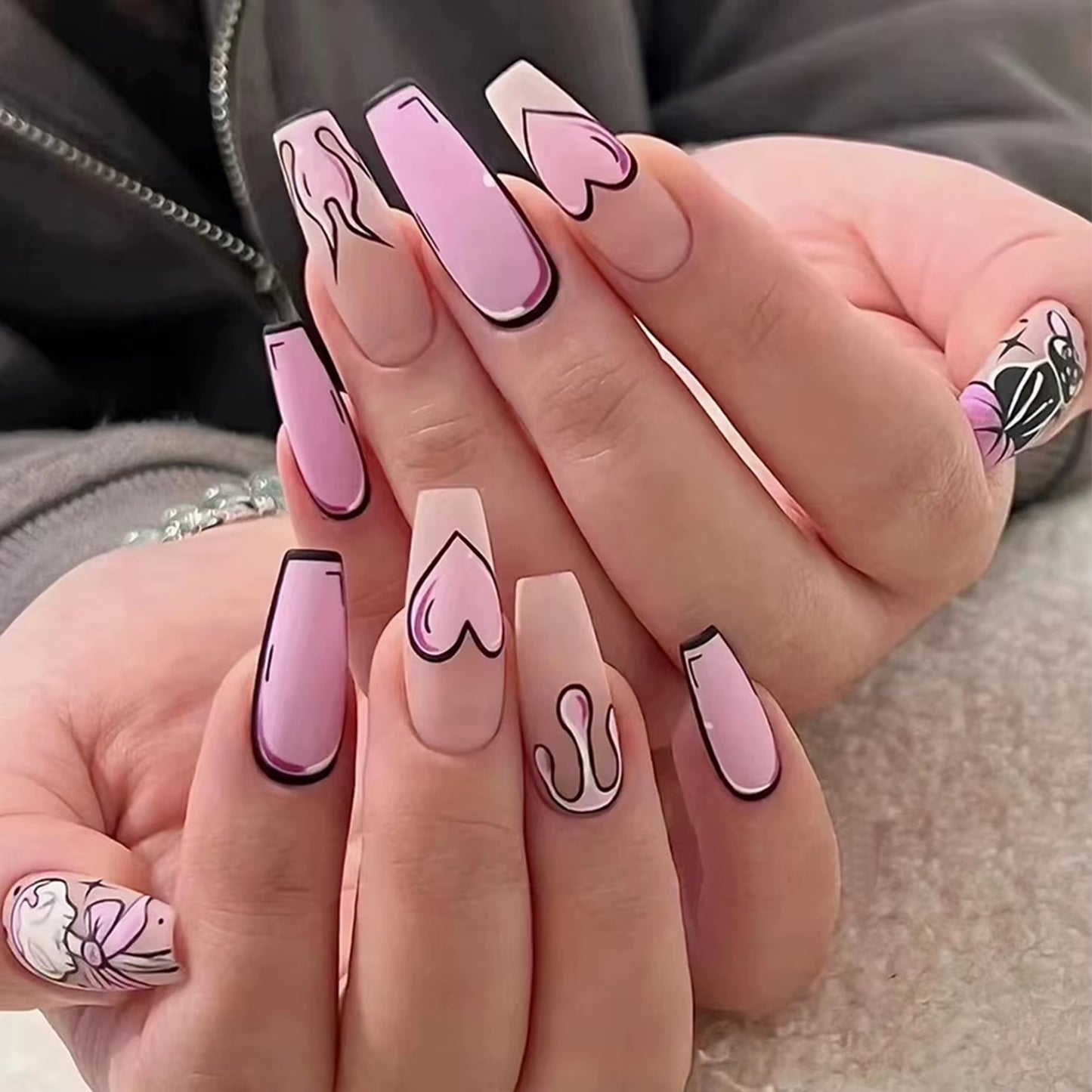 24Pcs False Nails Sweet Press-On Nails with Peach Heart Wearable Finished Nail Art Tips Removable Manicure Beautiful False Nails