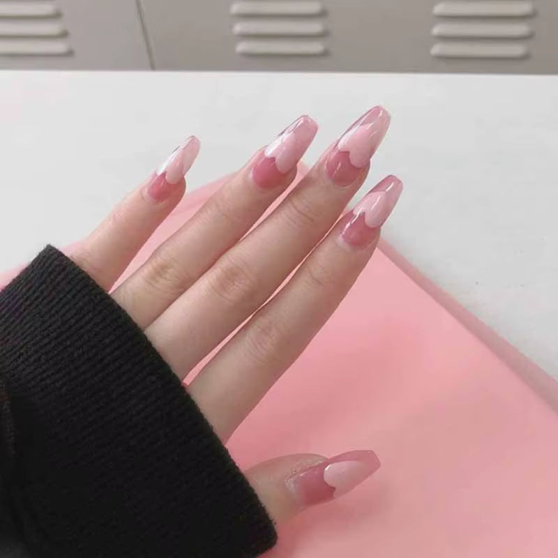 24Pcs False Nails Sweet Press-On Nails with Peach Heart Wearable Finished Nail Art Tips Removable Manicure Beautiful False Nails