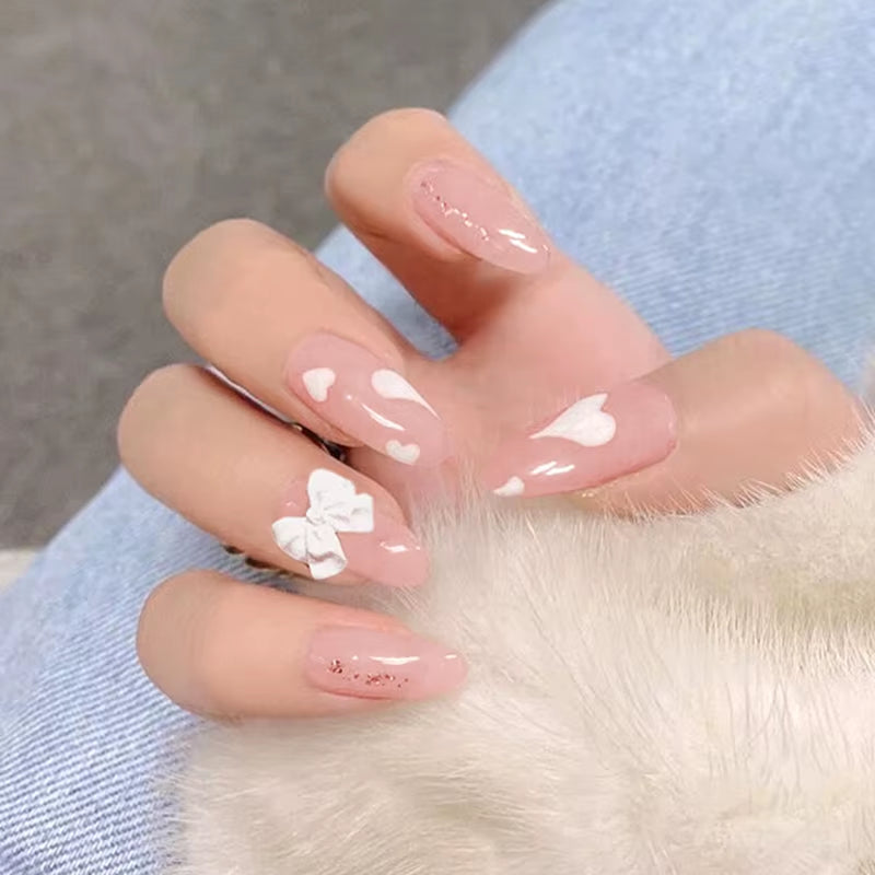 24Pcs False Nails Sweet Press-On Nails with Peach Heart Wearable Finished Nail Art Tips Removable Manicure Beautiful False Nails
