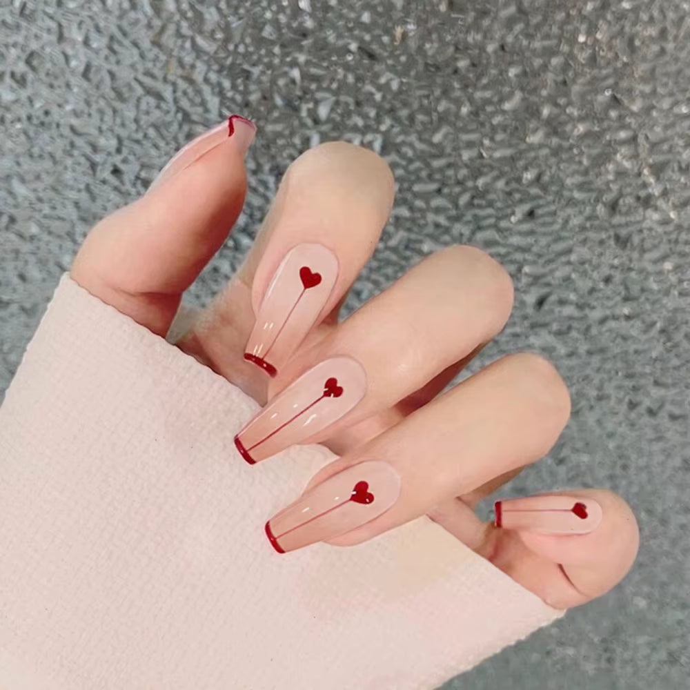 24Pcs False Nails Sweet Press-On Nails with Peach Heart Wearable Finished Nail Art Tips Removable Manicure Beautiful False Nails