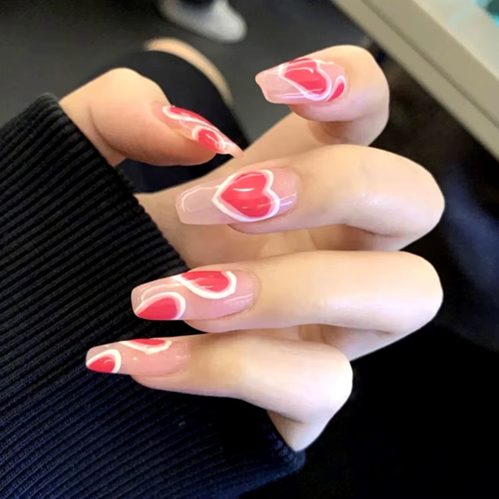 24Pcs False Nails Sweet Press-On Nails with Peach Heart Wearable Finished Nail Art Tips Removable Manicure Beautiful False Nails
