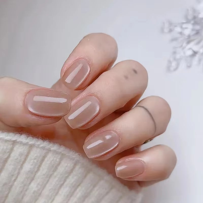 24Pcs Short Cat Eye Fake Nails Trendy Adhesive Glossy Champagne Press on Nails Durable Acrylic Nails Tips Set for Women&Girls