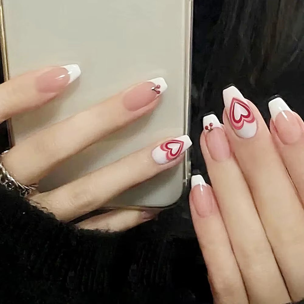 24Pcs False Nails Sweet Press-On Nails with Peach Heart Wearable Finished Nail Art Tips Removable Manicure Beautiful False Nails