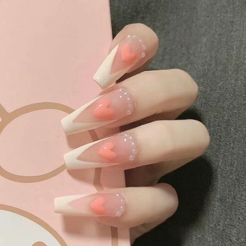 24Pcs False Nails Sweet Press-On Nails with Peach Heart Wearable Finished Nail Art Tips Removable Manicure Beautiful False Nails