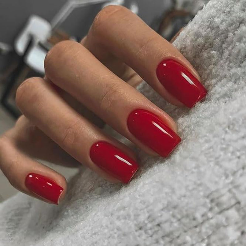 24Pcs Press on Nails, Short Square Medium Shape, Solid Dark Color Fake Nails, Stick on Nails Glue on Nails Short Coffin False Nails (Ivory)