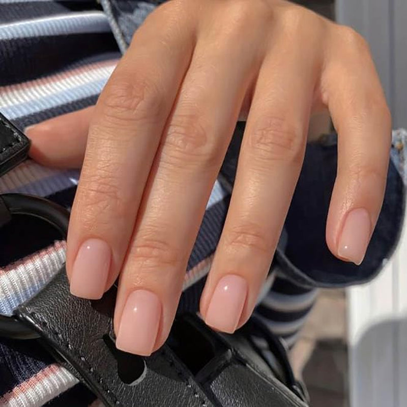 24Pcs Press on Nails, Short Square Medium Shape, Solid Dark Color Fake Nails, Stick on Nails Glue on Nails Short Coffin False Nails (Ivory)